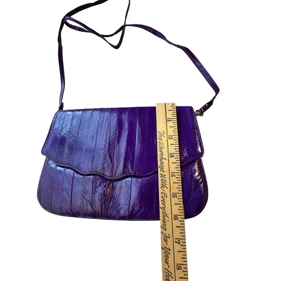 Vintage Purple Genuine Eel Skin Clutch Crossbody Bag Scalloped Flap - Picture 9 of 10